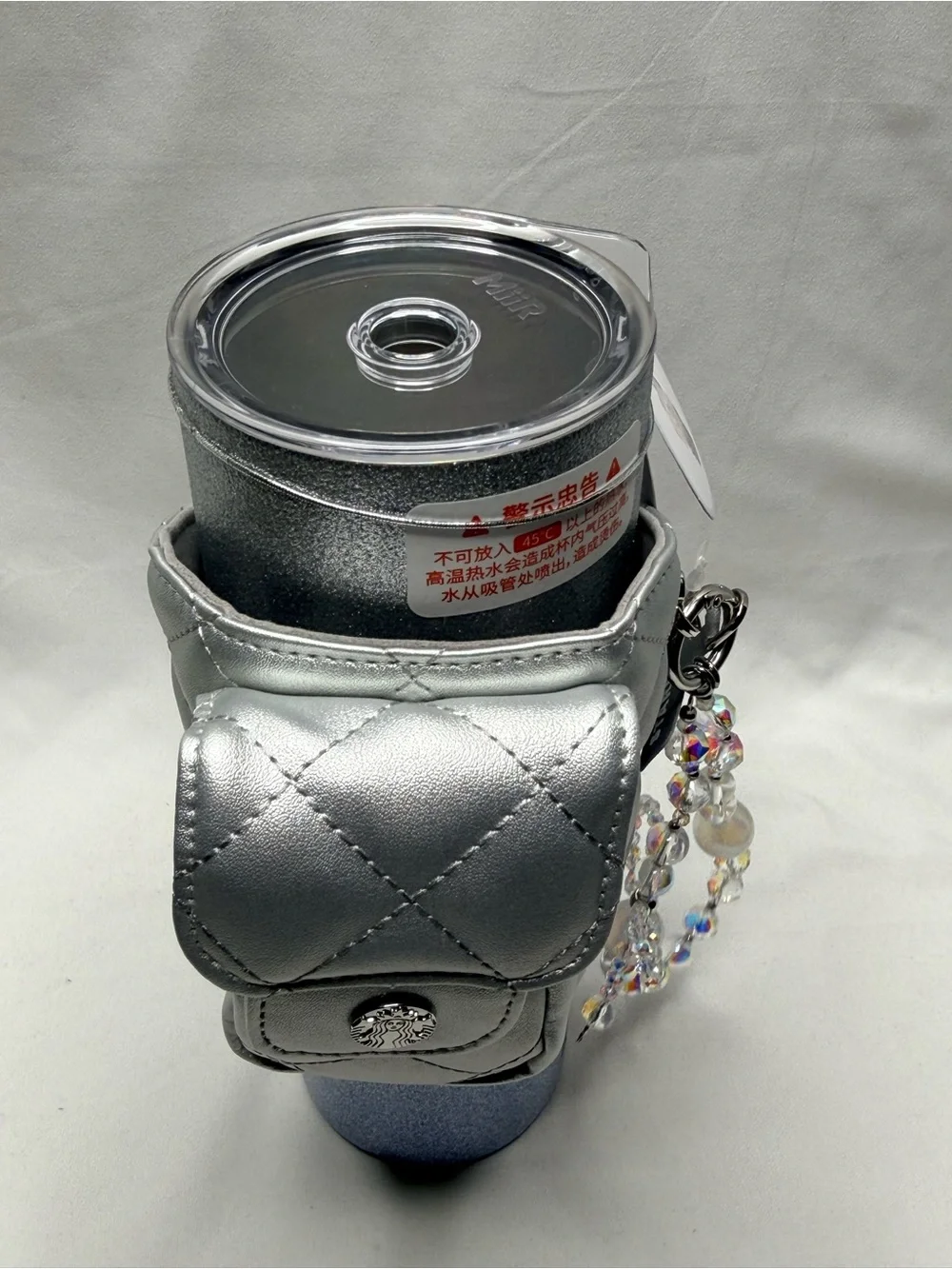 Starbucks Silver Glitter Tumbler with Quilted Pouch & Beaded Charm 16 oz New NWT